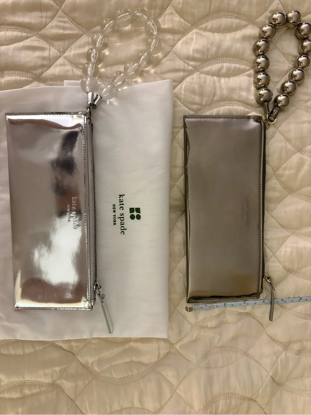 kate spade Silver Metallic Beaded Wristlet Clutches: one pewter sbd one gold